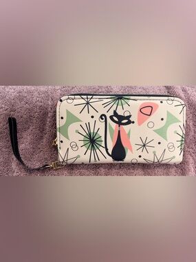 Kate McEnroe NY- Cat Print Wristlet Clutch in Cream, Black and Pastel Accents